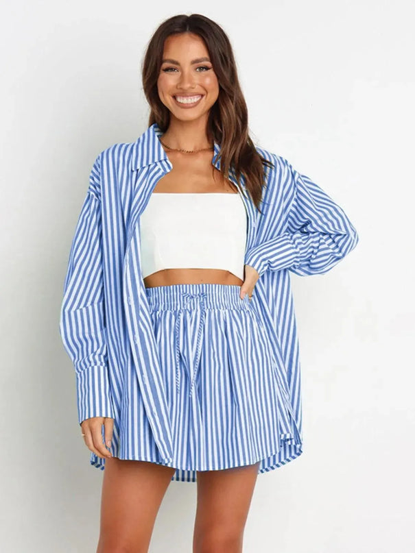 Striped Short Sleeve Button-Up Shirt and Shorts Combo Set