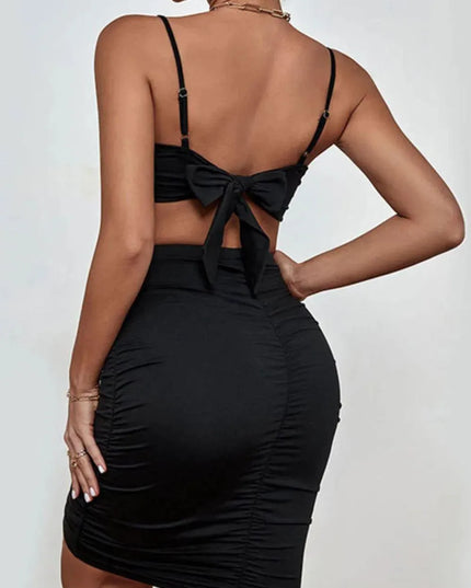 Chic Spaghetti Strap Cropped Top with Ruched Skirt Ensemble