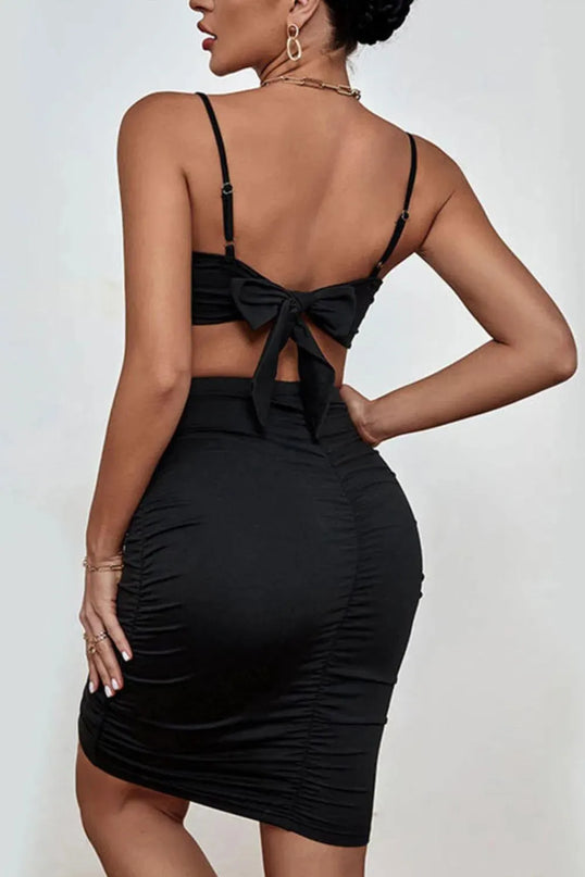 Chic Spaghetti Strap Cropped Top with Ruched Skirt Ensemble