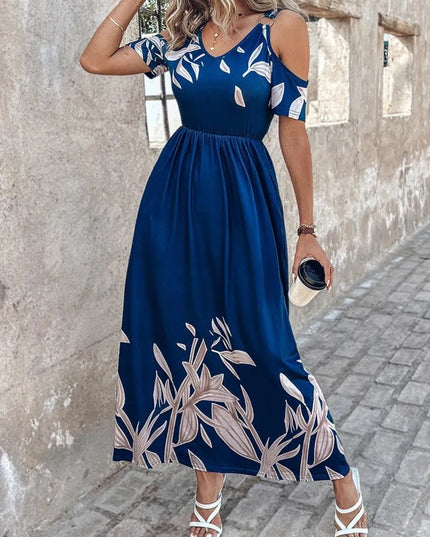 Printed Cold Shoulder Short Sleeve Maxi Dress