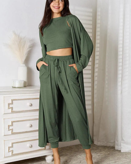 Three-Piece Tied Cardigan, Tank, and Pant Set with Pockets