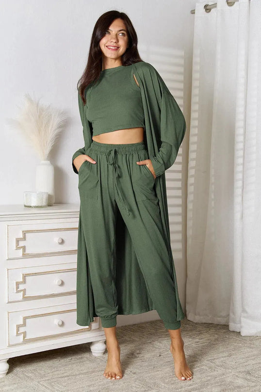 Three-Piece Tied Cardigan, Tank, and Pant Set with Pockets