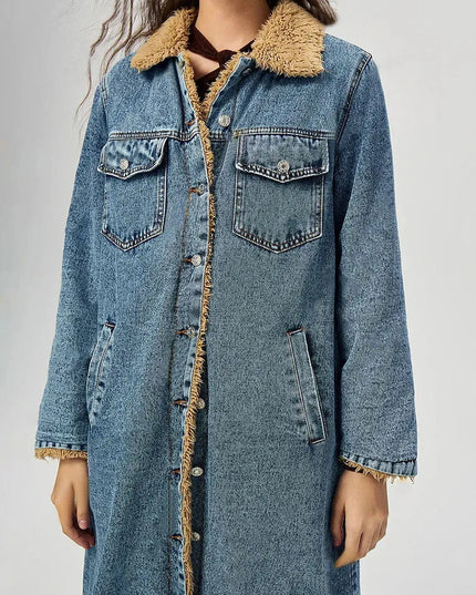 Pocketed Button Up Denim Jacket with Fur Lining