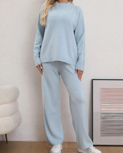 Mock Neck Long Sleeve Top and Pants Sweater Set - ShopEasier