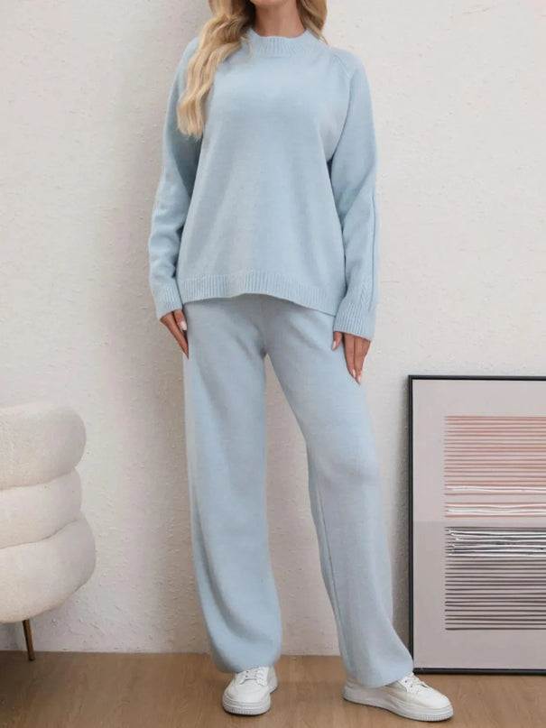 Mock Neck Long Sleeve Top and Pants Sweater Set - ShopEasier