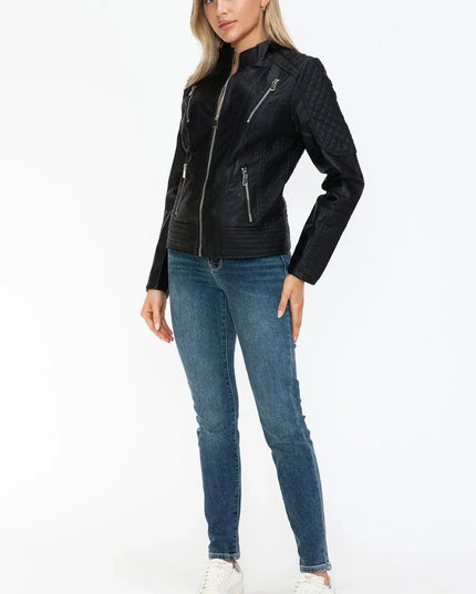 Snobbish Faux Leather Zip Up Mock Neck Jacket - ShopEasier