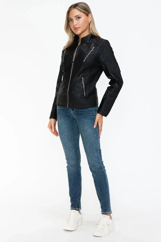 Snobbish Faux Leather Zip Up Mock Neck Jacket - ShopEasier