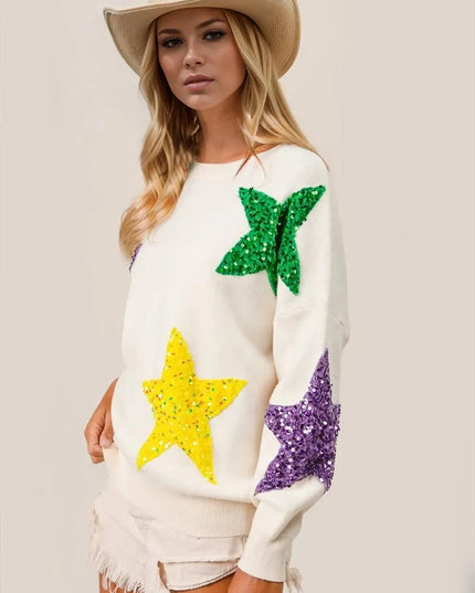 Double Take Sequin Star Round Neck Dropped Shoulder Sweater - ShopEasier