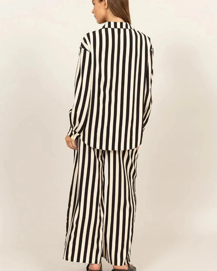 Chic Vertical Stripe Button-Up Shirt and Wide-Leg Pants Ensemble