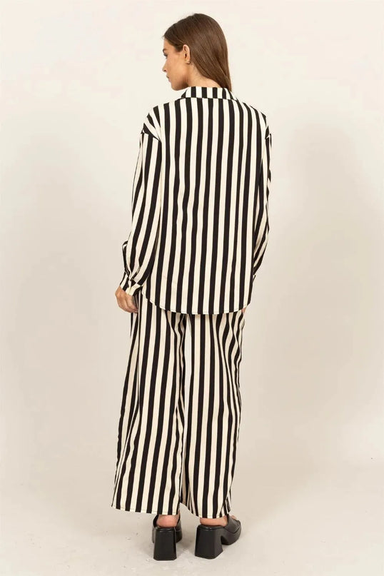 Chic Vertical Stripe Button-Up Shirt and Wide-Leg Pants Ensemble