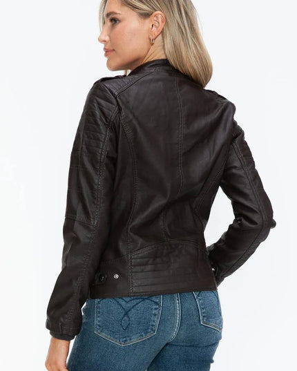 Snobbish PU Leather Biker Jacket with Side Zip Pockets - ShopEasier