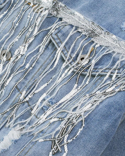 Sequin Fringe Trim Distressed Button Up Denim Jacket - ShopEasier