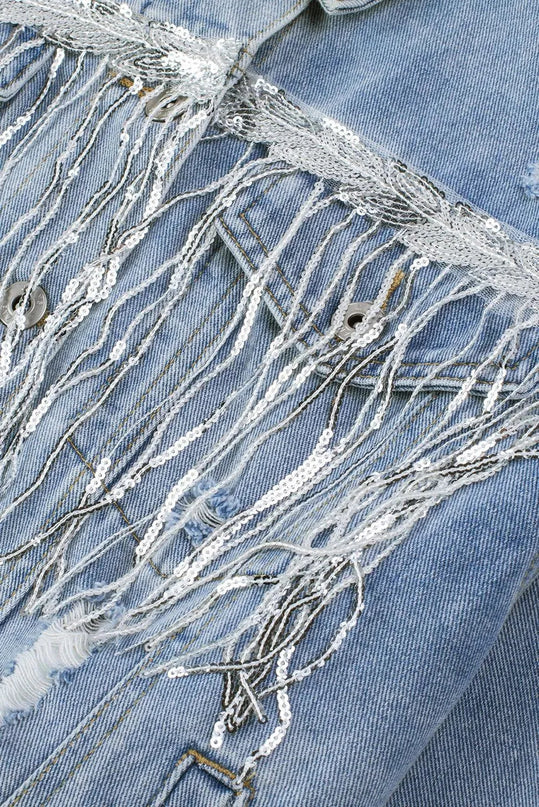 Sequin Fringe Trim Distressed Button Up Denim Jacket - ShopEasier