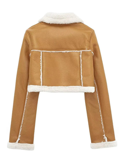 Collared Neck Long Sleeve Plush Cropped Jacket - ShopEasier