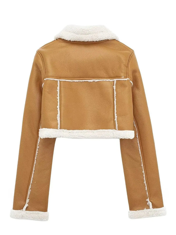 Collared Neck Long Sleeve Plush Cropped Jacket - ShopEasier