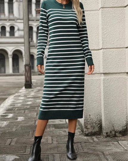 Striped Round Neck Long Sleeve Dress - ShopEasier