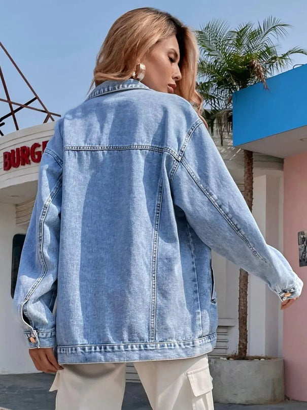 Distressed Button Up Long Sleeve Denim Top - ShopEasier