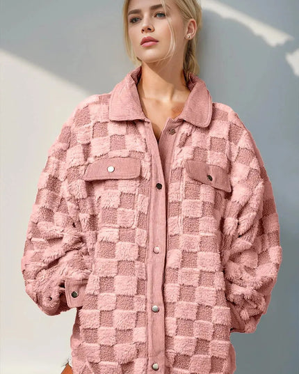 Double Take Button Up Fuzzy Checkered Shacket - ShopEasier