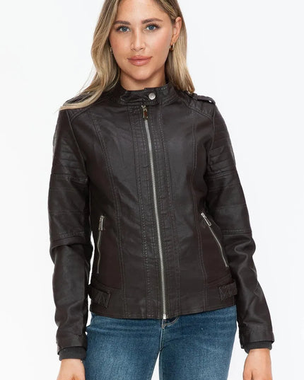 Snobbish PU Leather Biker Jacket with Side Zip Pockets - ShopEasier