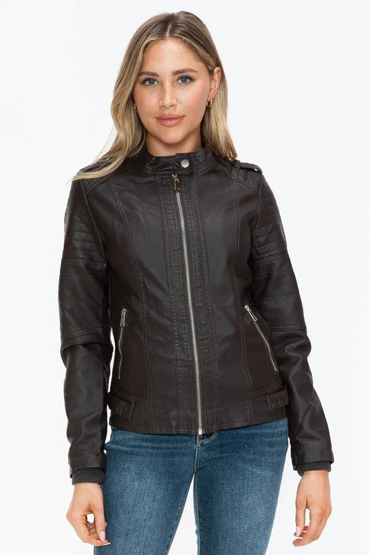 Snobbish PU Leather Biker Jacket with Side Zip Pockets - ShopEasier