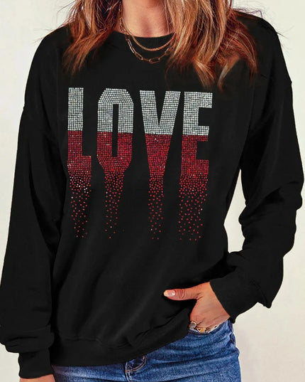 Sudadera de manga larga con gráfico LOVE y adornos de diamantes de imitación