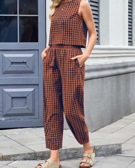 Lovelet Plaid Round Neck Sleeveless Top and Pants Set