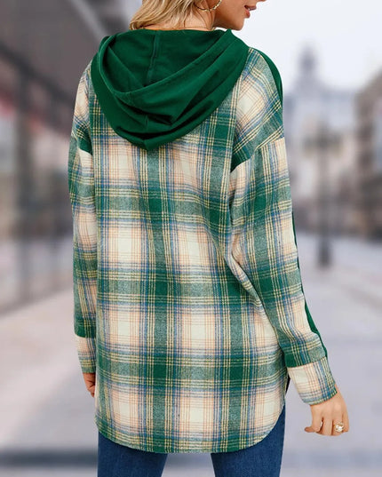 Plaid Drawstring Long Sleeve Slit Hoodie - ShopEasier