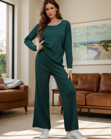 Two-Piece Round Neck Sweater Set with Contrast Trim