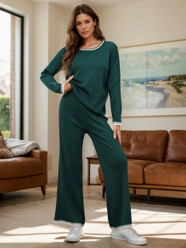 Two-Piece Round Neck Sweater Set with Contrast Trim