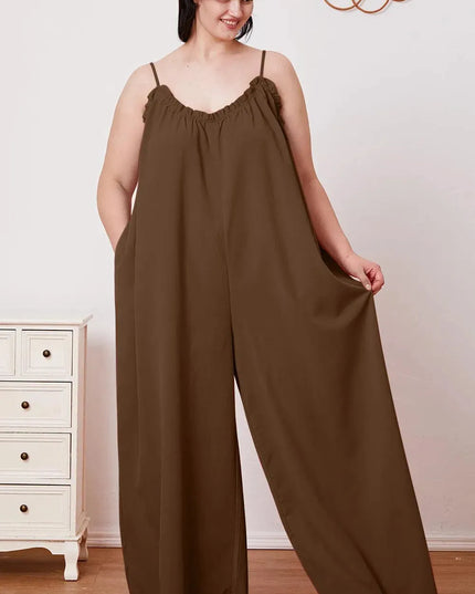 Double Take Full Size Ruffle Trim Tie Back Cami Jumpsuit with Pockets - ShopEasier