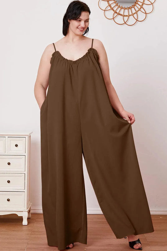 Double Take Full Size Ruffle Trim Tie Back Cami Jumpsuit with Pockets - ShopEasier