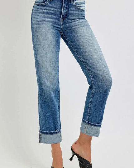 RISEN Full Size High Rise Crop Straight Roll Up Jeans - ShopEasier