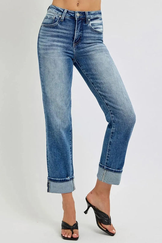 RISEN Full Size High Rise Crop Straight Roll Up Jeans - ShopEasier