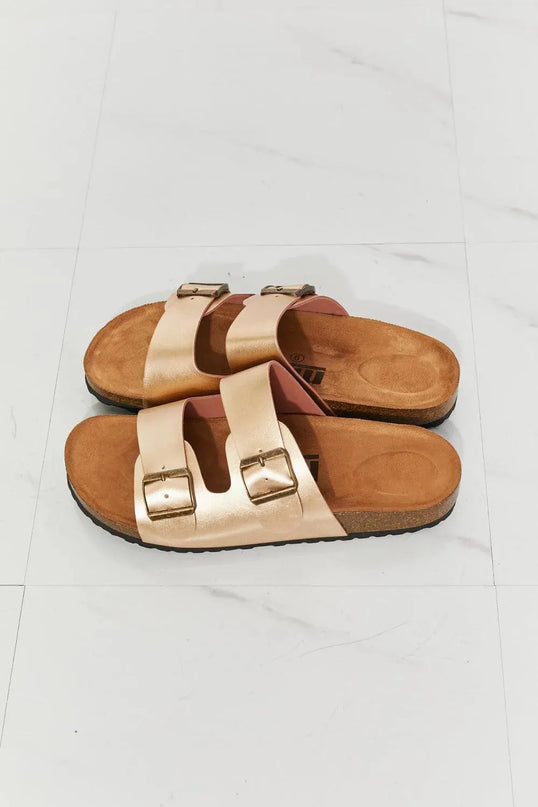 Luxury Double-Banded Cork Slide Sandals in Gold by MMShoes