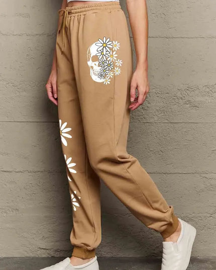 Casual Graphic Long Sweatpants with Drawstring - Flower & Skull Design