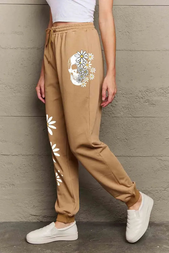 Casual Graphic Long Sweatpants with Drawstring - Flower & Skull Design