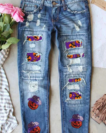 Distressed Sequin Pumpkin Jeans - ShopEasier