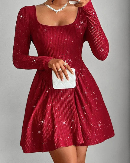 Backless Glitter Square Neck Long Sleeve Mini Dress