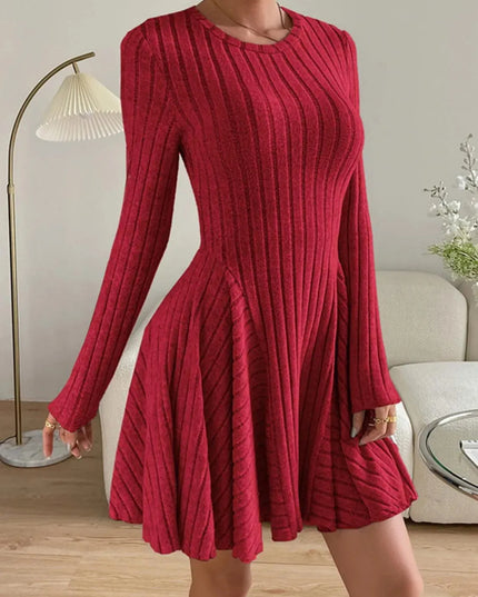 Ribbed Round Neck Long Sleeve Dress - ShopEasier