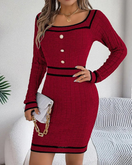 Contrast Trim Long Sleeve Sweater Dress