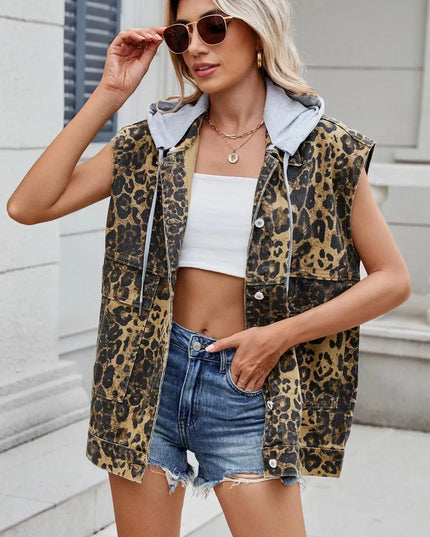 Leopard Buttton Up Denim Vest - ShopEasier