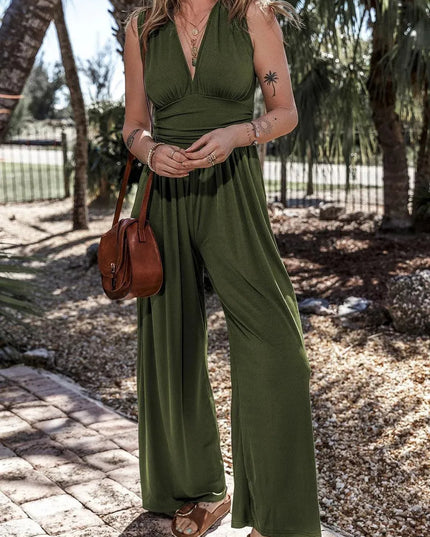 V-Neck Sleeveless Wide Leg Jumpsuit - ShopEasier