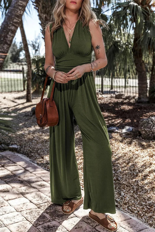 V-Neck Sleeveless Wide Leg Jumpsuit - ShopEasier