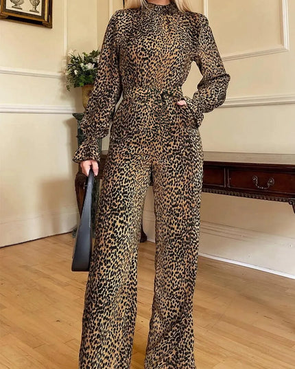 Leopard Flounce Sleeve Wide Leg Jumpsuit - ShopEasier