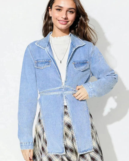 Asymmetric Slit Collared Neck Long Denim Top - ShopEasier