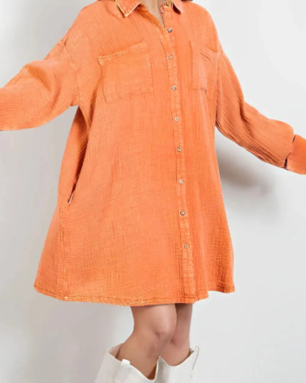 Pocketed Button Up Long Sleeve Shirt Dress