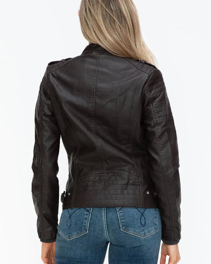 Snobbish PU Leather Biker Jacket with Side Zip Pockets - ShopEasier