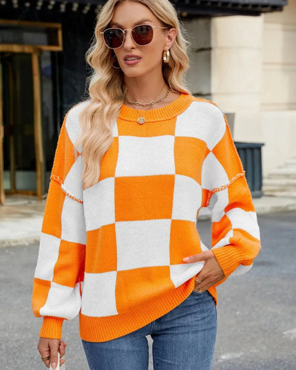 Checkered Round Neck Long Sleeve Sweater - ShopEasier