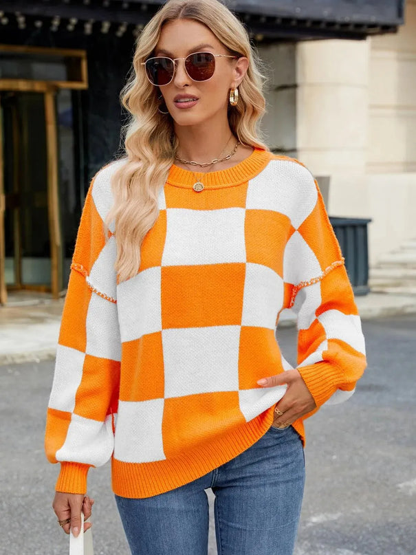 Checkered Round Neck Long Sleeve Sweater - ShopEasier