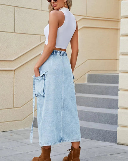 High-Waisted Denim Skirt with Slit Pockets